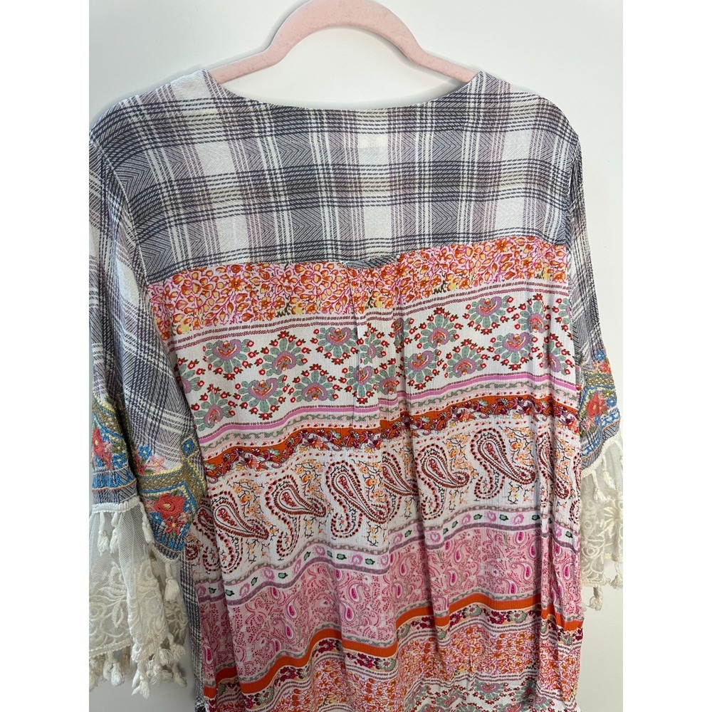 John Mark Boho Embroidered Plaid Tunic Top Lace Tassel Sleeve Blouse Womens XL - Picture 12 of 14